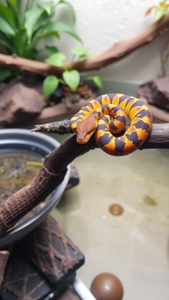 A corn snake with orange and black patterns in a terrarium.